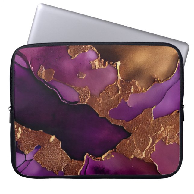 Luxurious Purple and Gold Marble Print Laptop Sleeve (Front)