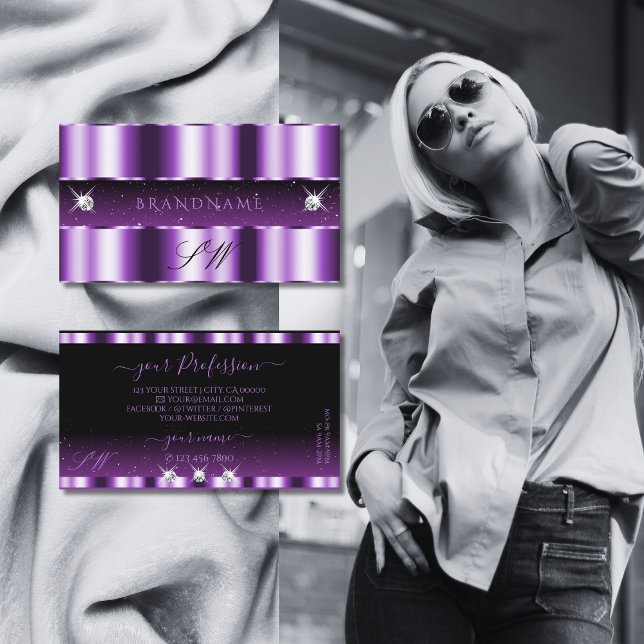 Luxurious Purple Black Sparkling Diamonds Monogram Business Card (Creator Uploaded)