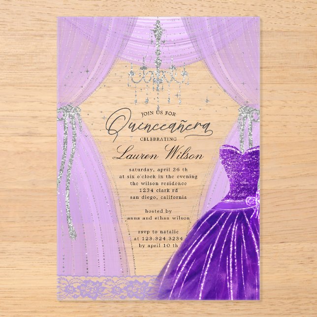 Luxurious Purple Chandelier Sparkle Quinceanera Acrylic Invitations (Front)