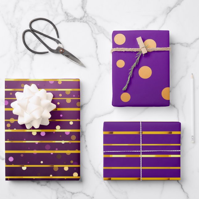 Luxurious Purple & Gold Stripe and Dot Christmas  Wrapping Paper Sheet (Front)