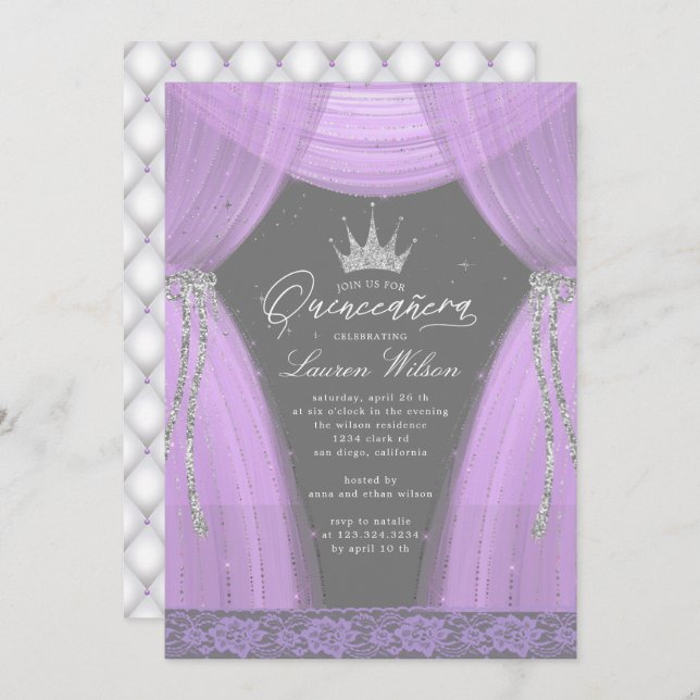 luxurious purple princess sparkle Quinceanera Invitation (Front/Back)