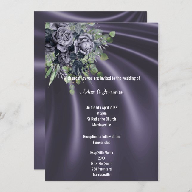 LUXURIOUS PURPLE SATIN FLORAL  ELEGANT WEDDING INVITATION (Front/Back)