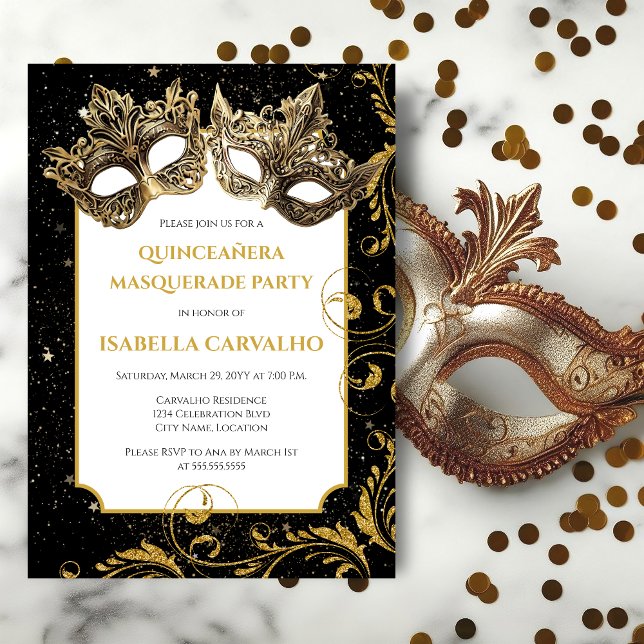 Luxurious Quinceañera Masquerade Party Invitation (Quinceanera masquerade birthday party invitation front view.)