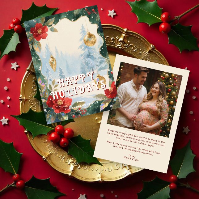 Luxurious Red and Gold Christmas Ornament Photo Holiday Card (Winter Christmas Scene in Red Shades and Gold Christmas with Luxury Ornaments Holiday Card)