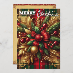 Luxurious Red and Green Plaid Festive Gold Accents Holiday Card