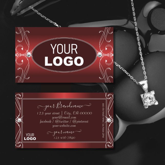 Luxurious Red Ornate Sparkling Diamonds with Logo Business Card (Creator Uploaded)