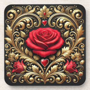 Luxurious Red Rose and Gold Heart Artwork Coaster