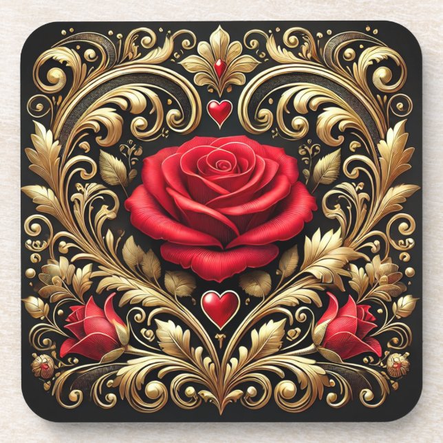Luxurious Red Rose and Gold Heart Artwork  Coaster (Front)