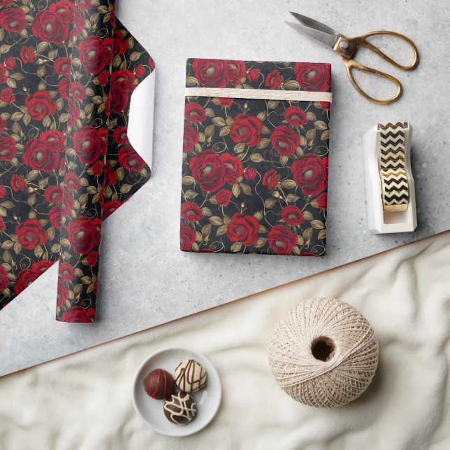 Luxurious Red Rose & Gold Leaf Pattern on Black Wrapping Paper (Crafts)