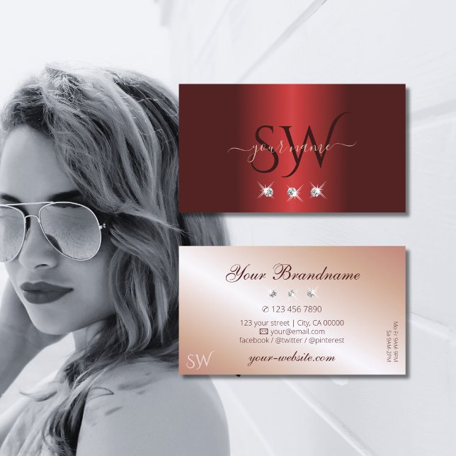 Luxurious Red Rose Gold Sparkle Diamonds Initials Business Card (Creator Uploaded)