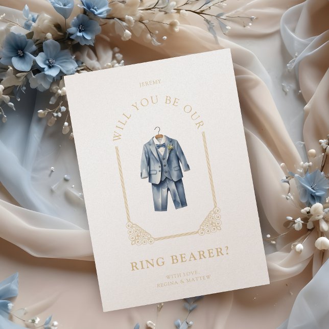 Luxurious Ring Bearer Blue Suit Ornamental Dome (Luxurious Blue Suit Ornamental Dome Arch Effect Ring Bearer Proposal Card.)