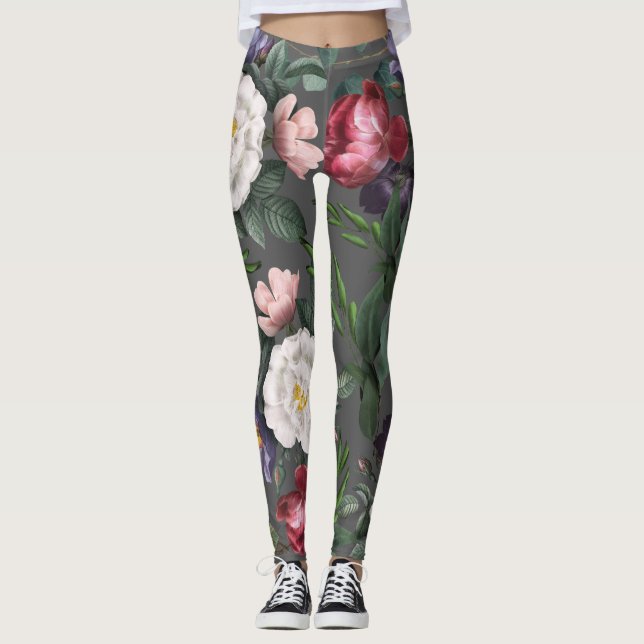 Luxurious romance floral pattern red roses summer  leggings (Front)