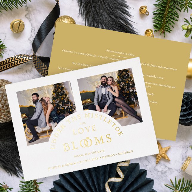 Luxurious Romantic 2 Photos Collage  (Romantic 2 Photos Collage in Real Gold Metallic Foil Holiday Card as a Wedding Save the Date Card.)