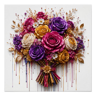 Luxurious Rose Art With Gold and Colourful Drips Poster