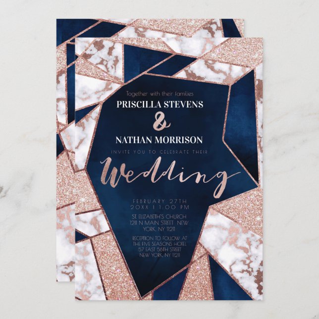 Luxurious Rose Gold Glitter Geo Marble Wedding Invitation (Front/Back)