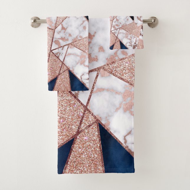 Luxurious Rose Gold Glitter Geometric Marble Bath Towel Set (Insitu)