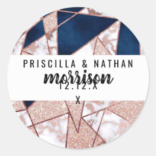Luxurious Rose Gold Glitter Geometric Marble Classic Round Sticker