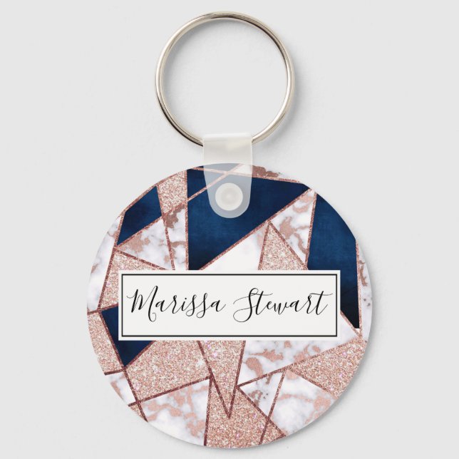 Luxurious Rose Gold Glitter Geometric Marble Key Ring (Front)