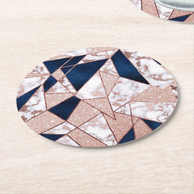 Luxurious Rose Gold Glitter Geometric Marble Round Paper Coaster (Angled)