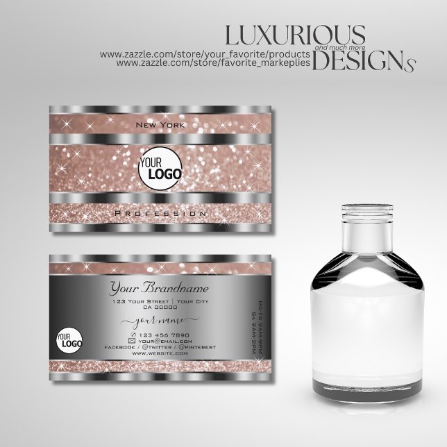 Luxurious Rose Gold Glitter Stars and Logo Silver  Business Card (Creator Uploaded)