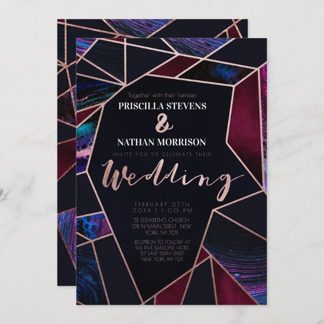 Luxurious Rose Gold Liquid Paint Marble Wedding Invitation (Front/Back)