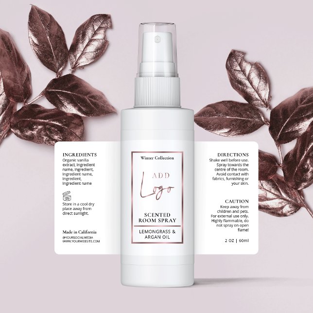 Luxurious Rose Gold Logo Room Spray Bottle Label (Elegant rose gold air freshener spray bottle wrapper labels)
