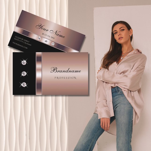 Luxurious Rose Gold on Black with Faux Rhinestones Business Card (Creator Uploaded)