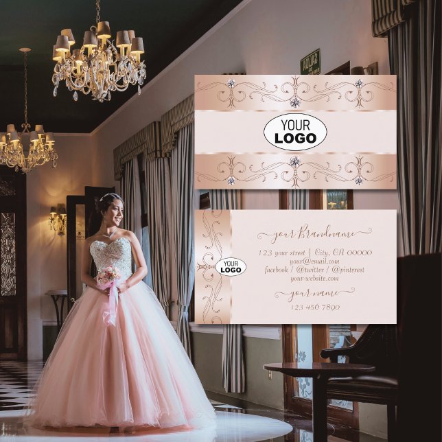 Luxurious Rose Gold Ornate Borders Jewels Add Logo Business Card (Creator Uploaded)