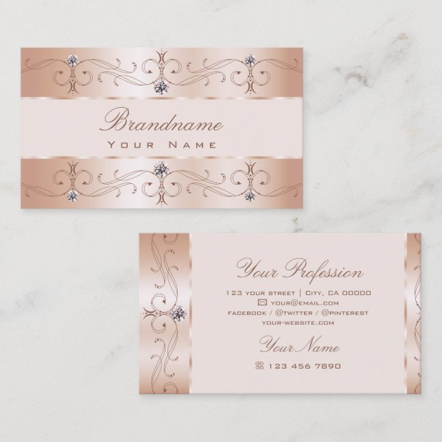 Luxurious Rose Gold Ornate Borders Jewels Ornament Business Card (Front/Back)