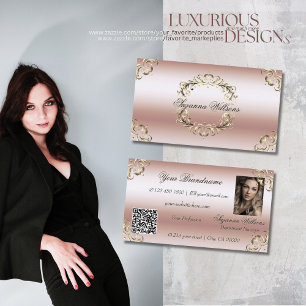 Luxurious Rose Gold Ornate with Photo and QR Code Business Card