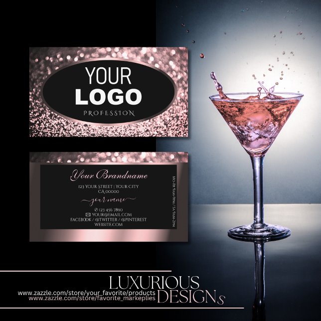 Luxurious Rose Pink Black Sparkle Glitter and Logo Business Card (Creator Uploaded)