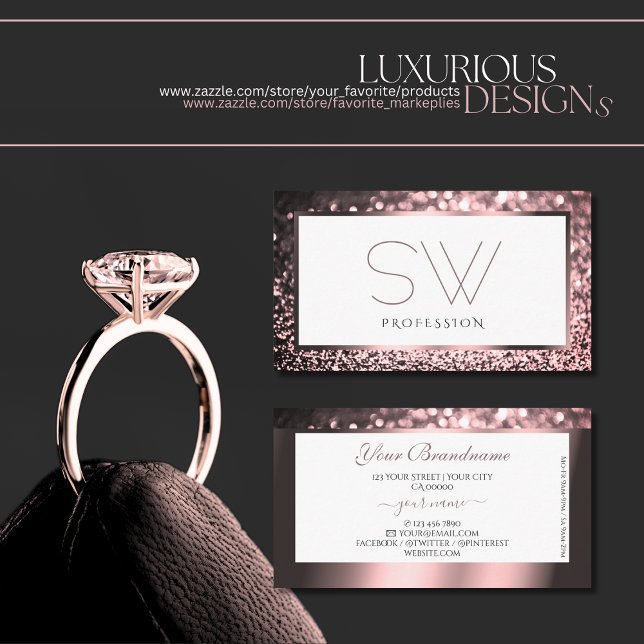 Luxurious Rose Pink White Sparkle Glitter Monogram Business Card (Creator Uploaded)