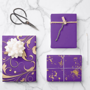 Luxurious Royal Purple and Gold Damask Patterned Wrapping Paper Sheet