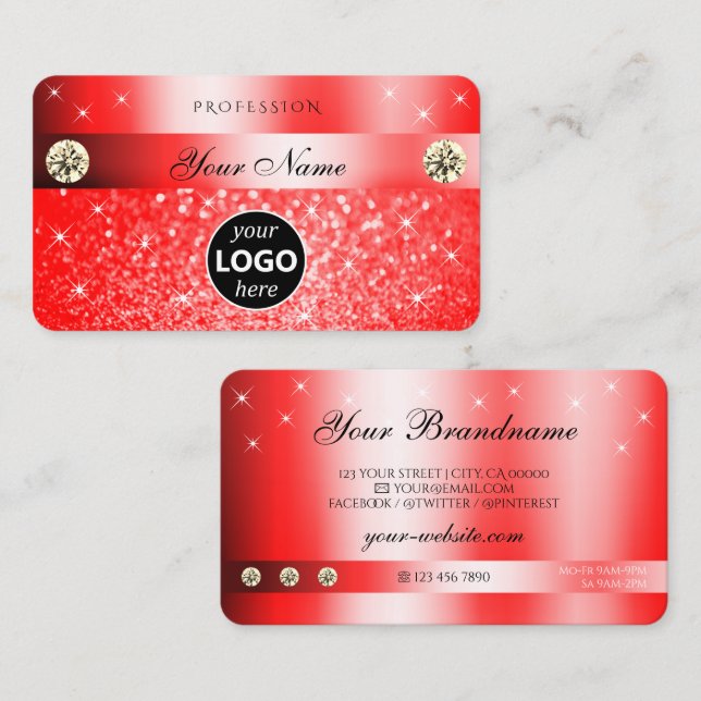 Luxurious Ruby Red Glitter Sparkle Stars with Logo Business Card (Front/Back)