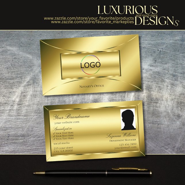 Luxurious Shimmery Gold with Logo and Photo Decent Business Card (Creator Uploaded)
