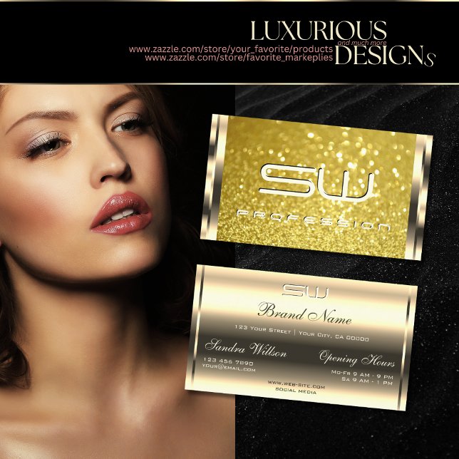 Luxurious Shimmery Golden Yellow Glitter Initials Business Card (Creator Uploaded)