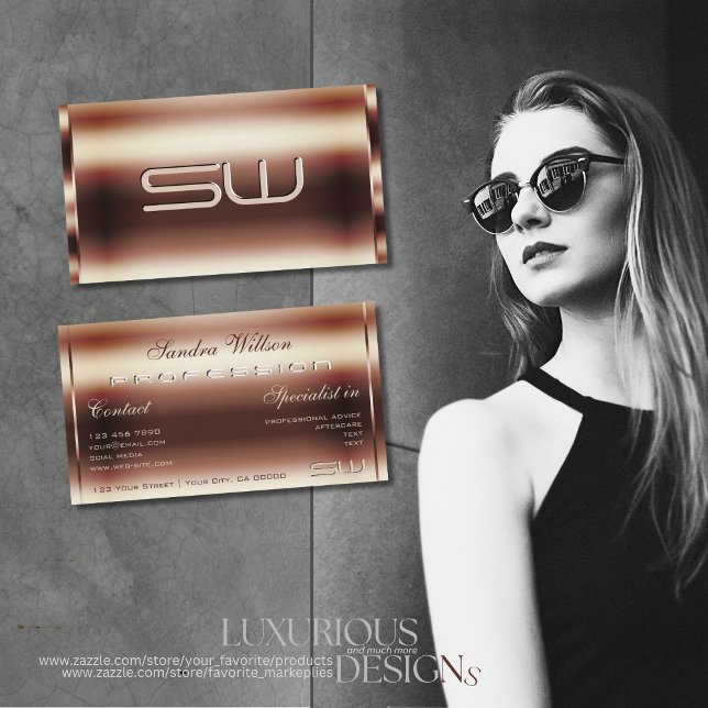 Luxurious Shimmery Rose Golden Faux 3D Monogram Business Card (Creator Uploaded)