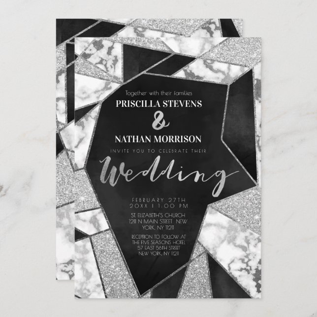 Luxurious Silver Black Glitter Geo Marble Wedding Invitation (Front/Back)