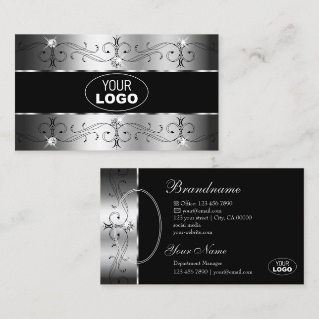 Luxurious Silver Black Ornate Borders Logo & Photo Business Card (Front/Back)