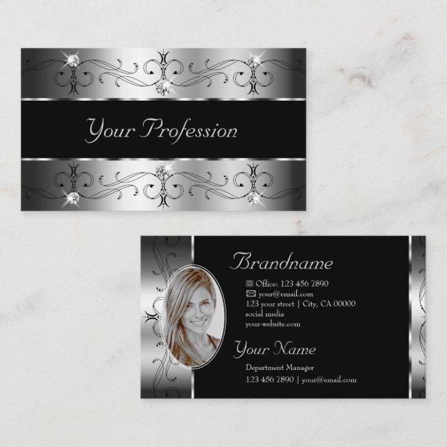 Luxurious Silver Black Ornate Borders with Photo Business Card (Front/Back)