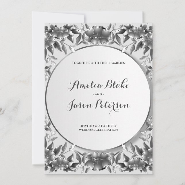 Luxurious Silver Carving Foliage Wedding Invitation (Front)