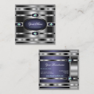 Luxurious Silver Effect Dark Blue Faux Rhinestones Square Business Card