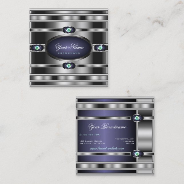 Luxurious Silver Effect Dark Blue Faux Rhinestones Square Business Card (Front/Back)