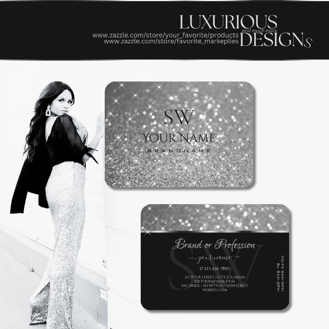 Luxurious Silver Glitter Luminous Stars Monogram Business Card (Creator Uploaded)