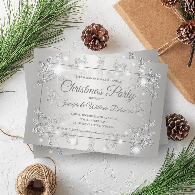 Luxurious Silver Glitter Snow Xmas Holiday Party  Invitation (Luxurious Silver Glitter Snow Xmas Holiday Party Invitation)