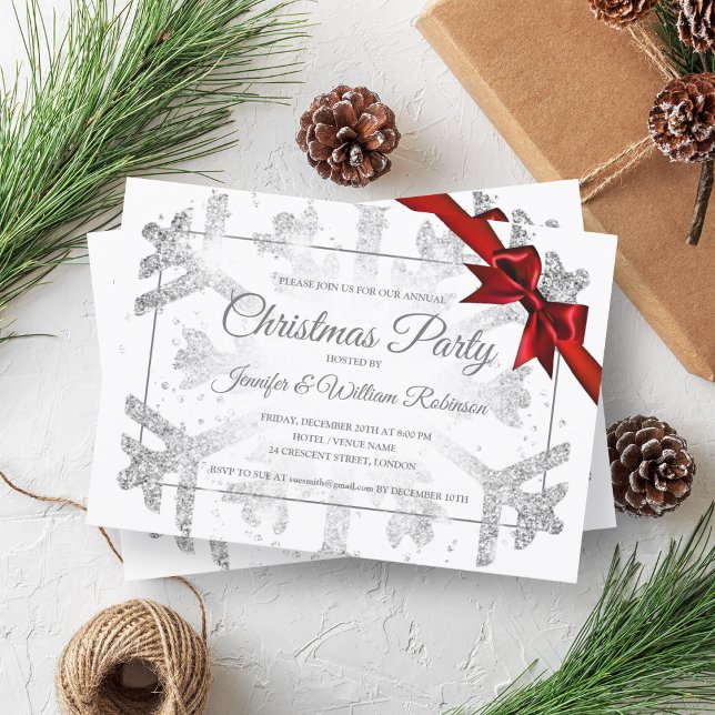 Luxurious Silver Glitter Xmas Holiday Red Ribbon Invitation (Luxurious Silver Glitter Xmas Holiday Red Ribbon Invitation)