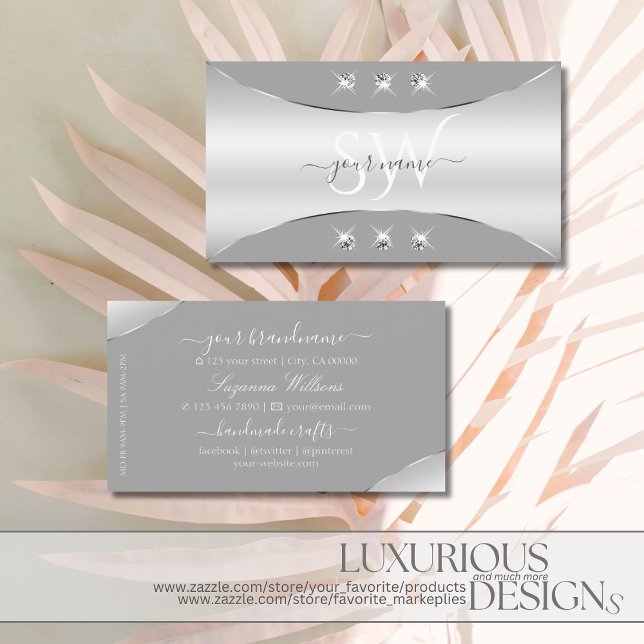 Luxurious Silver Grey with Diamonds and Monogram Business Card (Creator Uploaded)