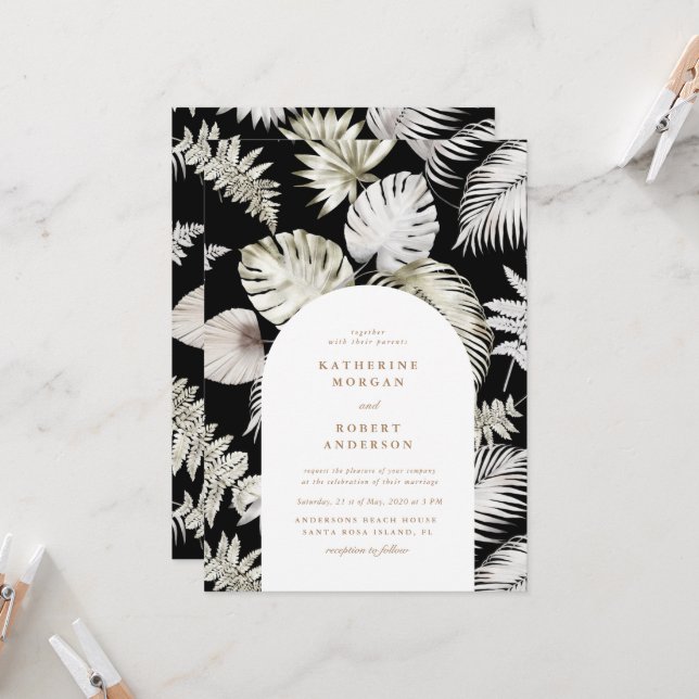 Luxurious Silver Tropical Foliage Wedding Invitation (Front/Back In Situ)