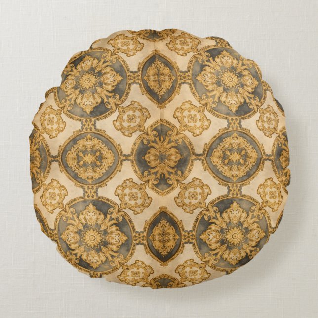 Luxurious Tapestry Pattern, Gold Black Beigi Round Cushion (Front)