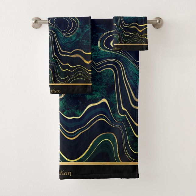 LUXURIOUS TEAL 2 GREEN MARBLE TRIM TOWEL SET (Insitu)